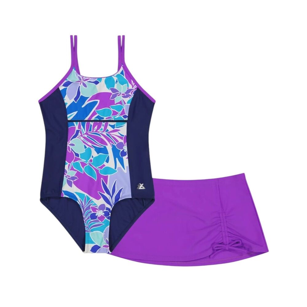 Zero Xposure Swim Set One Piece Skirt Floral Tropical Purple Blue Teal 16